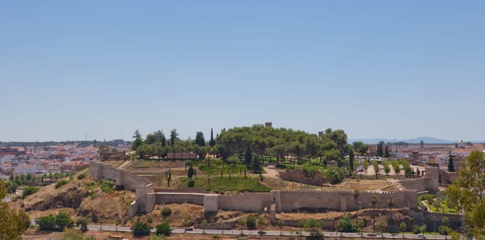 Panoramic view of Midle Ages arabic citadel, from San Cristobal Fort, Badajoz, Spain