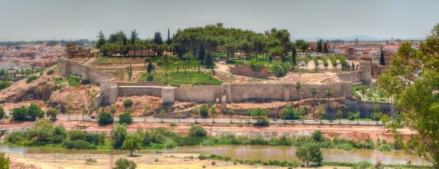 Panoramic view of Midle Ages arabic citadel, from San Cristobal Fort, Badajoz, Spain