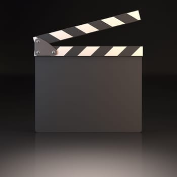 Clapperboard on a black reflective background. Your text or image on the clapperboard.