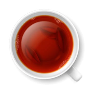 Cup of black tea with tea leaves at the bottom over white background