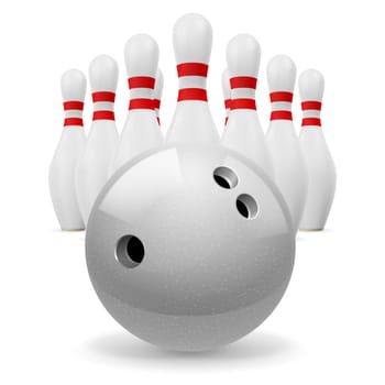 Bowling ball with holes in front. White skittles with red stripes on a white background
