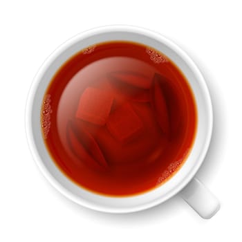 Cup of black tea with lumps of yellow cane sugar and tea leaves on the bottom over white background