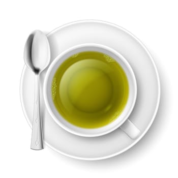 Cup of green tea with spoon over white background