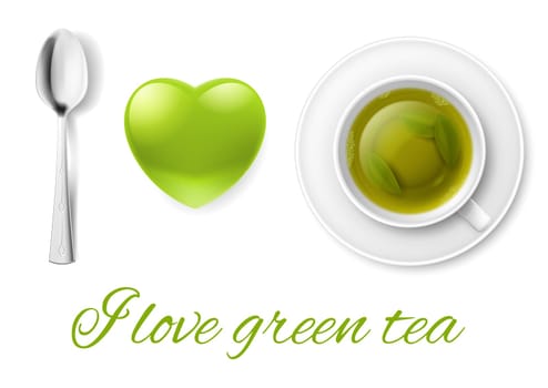 I love tea message with spoon and cup of green tea