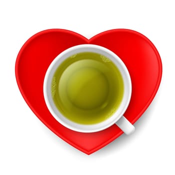 Cup of green tea with red saucer in shape of heart