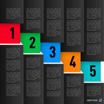 Infographics in black paper style descending with colored numbered items from one to five