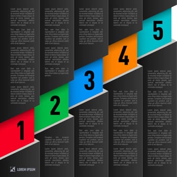 Infographics in black paper style with ascending colored numbered items from one to five