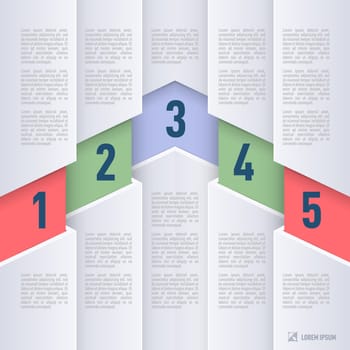 Paper infographics with white sheets and colored numbered items from one to five