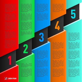 Infographics in paper style with colorful sheets and numbered items from one to five