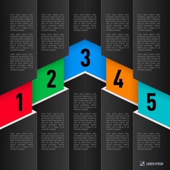 Infographics in paper style with black sheets and colored numbered items from one to five