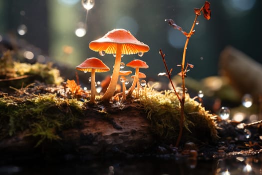 A group of orange mushrooms glowing in the sun's rays on moss against a blurred forest background.