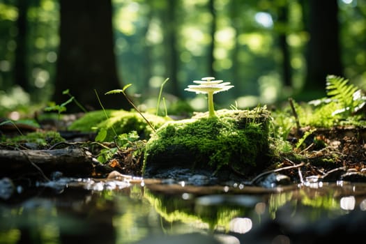 A light mushroom glowing in the rays of the sun on green moss with a blurred forest background.