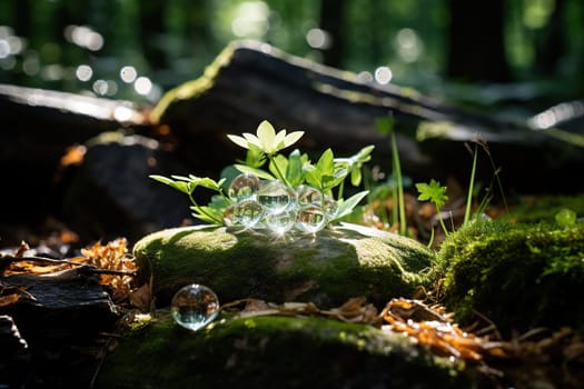 Wild flowers with large drops of water on a stone in the forest. Blurred forest background.