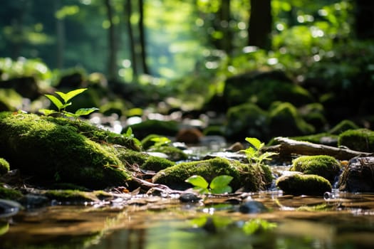 Green moss close up, forest landscape blurred background.