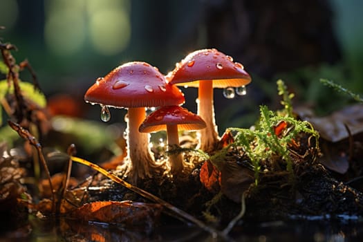 A group of orange mushrooms glowing in the sun's rays on moss against a blurred forest background.