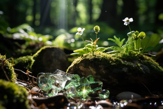 White flowers on moss in the rays of the sun against the background of a blurred spring forest. Magic forest.