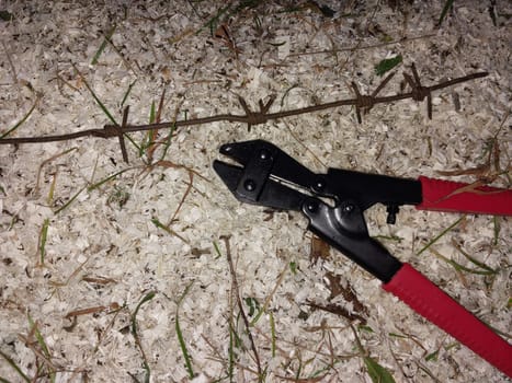 Cutting through a the barbed wire fence