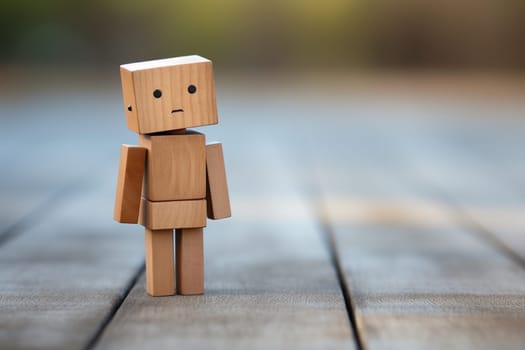 Sad and lonely wooden man on a wooden surface on a blurred natural background. The concept of loneliness, sadness, waiting.