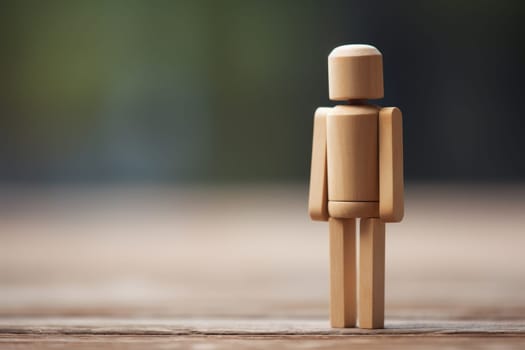 Sad and lonely wooden man on a wooden surface on a blurred natural background. The concept of loneliness, sadness, waiting.