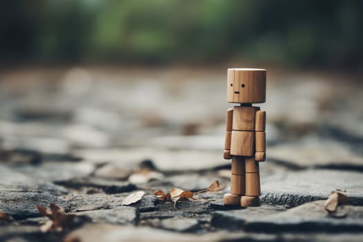 Sad and lonely wooden man on an asphalt surface on a blurred natural background. The concept of loneliness, sadness, waiting. Social issues