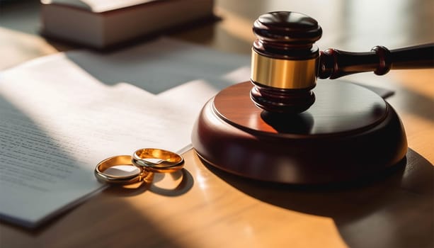 Divorce by law. Two golden rings,contract and Judge hammer. Husband and wife getting a divorce concept. Division of property after a divorce. hammer of a judge. Copy space Space for text