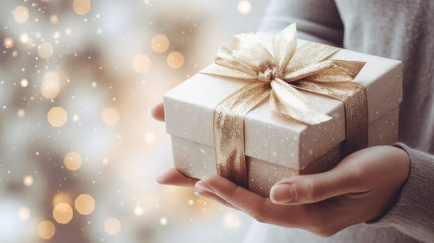 Christmas gift in a light box in gentle female hands, in a white sweater on a light, New Year's background with bokeh and copy space.