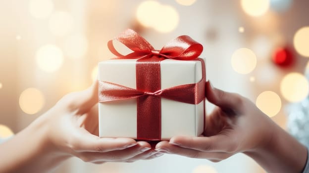 Christmas gift in a light box with a red ribbon in gentle female hands, in a white sweater on a light, New Year's background with bokeh and copy space.