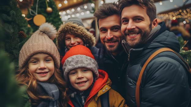 Happy family of LGBT gay couples with children and parents choose a New Year tree at the Christmas tree market. Merry Christmas and Merry New Year concept