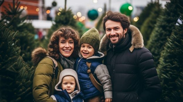 A happy family with a child and parents chooses a New Year's tree at the Christmas tree market. Merry Christmas and Merry New Year concept