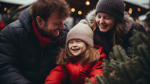 A happy family with a child with Down syndrome and parents choose a New Year's tree at the Christmas tree market. Merry Christmas and Merry New Year concept