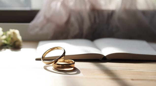 Two golden rings with contract for married concept. Happy long lasting marriage concept. bond with a contract Copy space Space for text