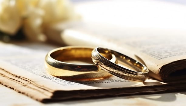 Two golden rings with contract for married concept. Happy long lasting marriage concept. bond with a contract Copy space Space for text