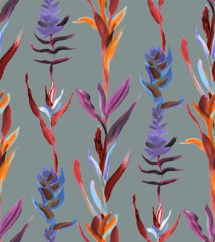 Seamless pattern with night tropics with vertical flowers on a dark background painted for textile