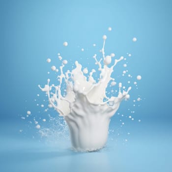 Vivid blue background with milk splashing, an artistic and creative representation of dairy products is AI Generative.