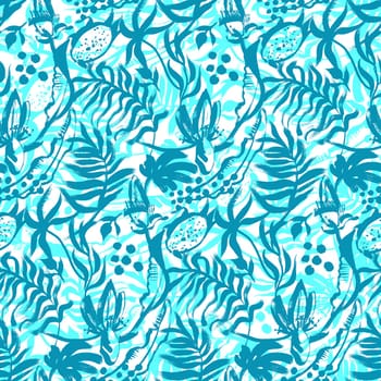 Seamless pattern with a mix of silhouettes of leaves of tropical fruits and palm trees painted in gouache in the dry brush technique