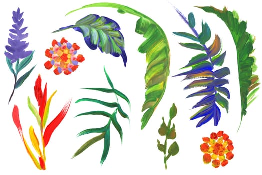 Collection of tropical branches and leaves painted with bright colors with a dry brush isolated on a white background