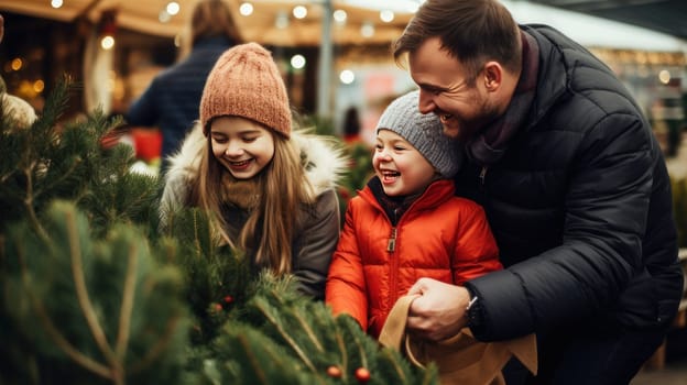 A happy family with a child with Down syndrome and parents choose a New Year's tree at the Christmas tree market. Merry Christmas and Merry New Year concept