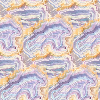 abstract seamless pattern with emitting texture of agate stone painted with watercolors in purple tones for surface design