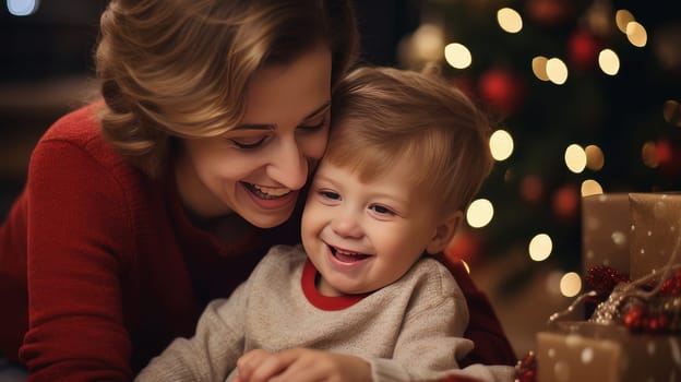 Happy family with a child with Down syndrome and parents against the background of a New Year's tree, people with disabilities. Merry Christmas and Merry New Year concept.