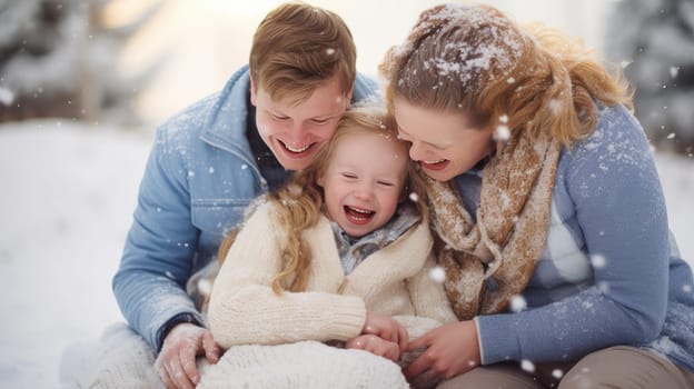 Happy family with a child with Down syndrome and parents against the background of a New Year's tree, people with disabilities. Merry Christmas and Merry New Year concept.