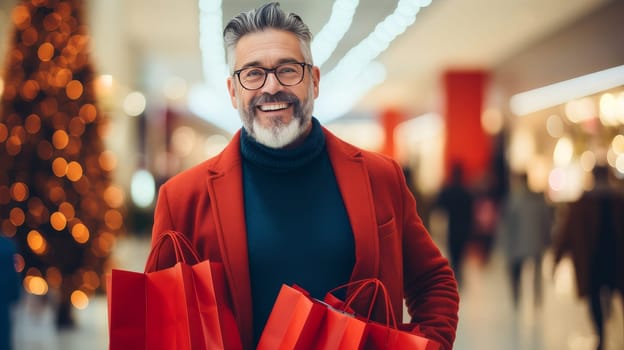 Smiling middle aged man with Christmas gifts in shopping bags in a shopping mall. Christmas sale concept.