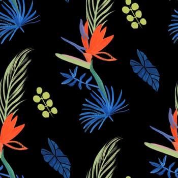 Seamless pattern with tropical flowers of royal strelitzia painted in gouache and leaves on a black background. A modern multi-colored herbarium of dried flowers for summer textiles and surface design