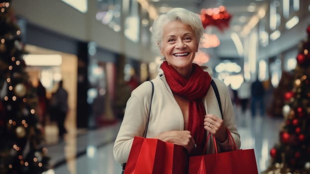 Smiling middle-aged woman with Christmas gifts in shopping bags in a shopping mall. Christmas sale concept