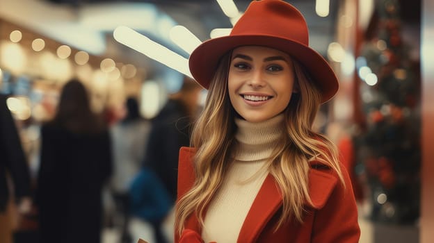 Smiling girl with Christmas gifts in shopping bags in a shopping center. Christmas sale concept.