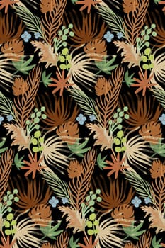 floral pattern with herbarium of tropical branches and other dried flowers on a black background painted with gouache