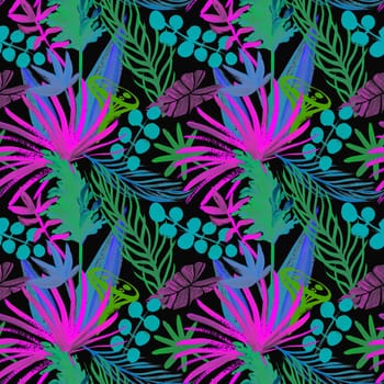 Seamless stylized pattern with night tropical flowers and plants