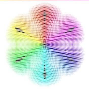 Hexagonal rainbow mosaic on the white backdrop.