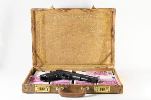 One Suitcase Full of Pink 500 Euros Banknotes and a Gun