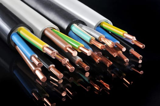 Macro detail of various stripped power cables
