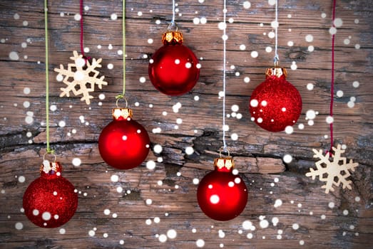 Christmas Background with Christmas Decorations and Snow on Wood